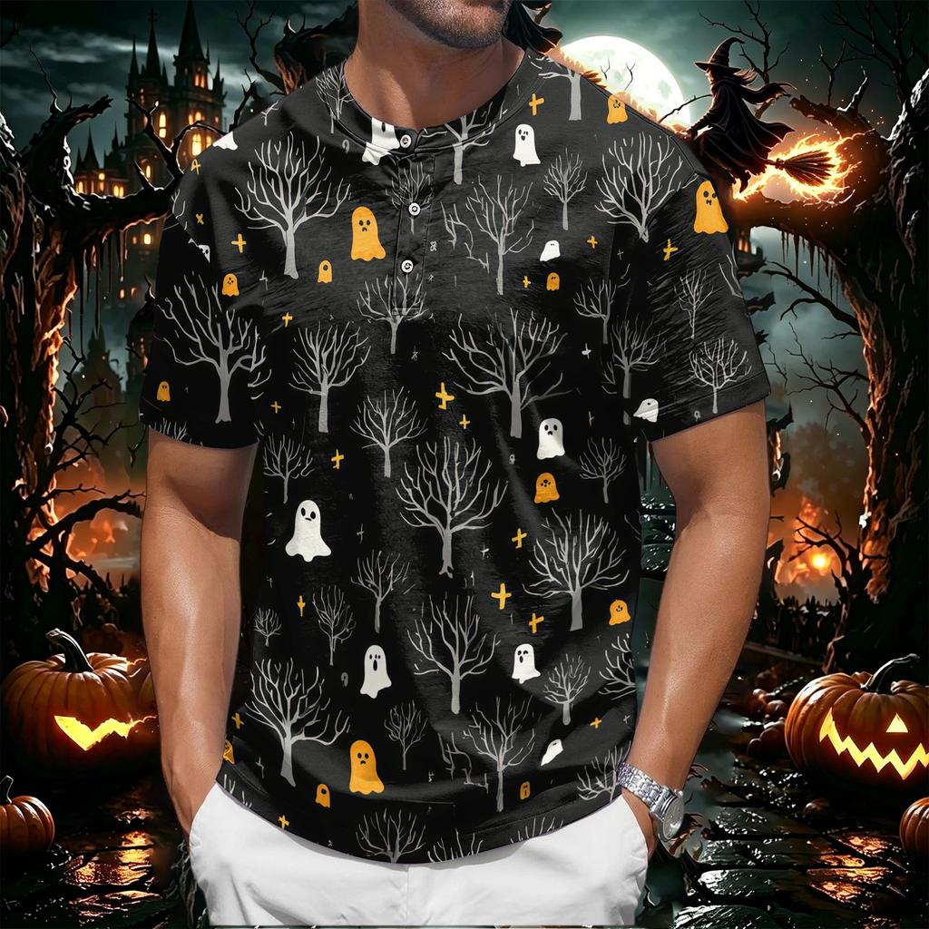 Men's Halloween Print Short Sleeve Henley Shirt Casual Button Up T-Shirt Lightweight Breathable Fabric for Everyday Wear