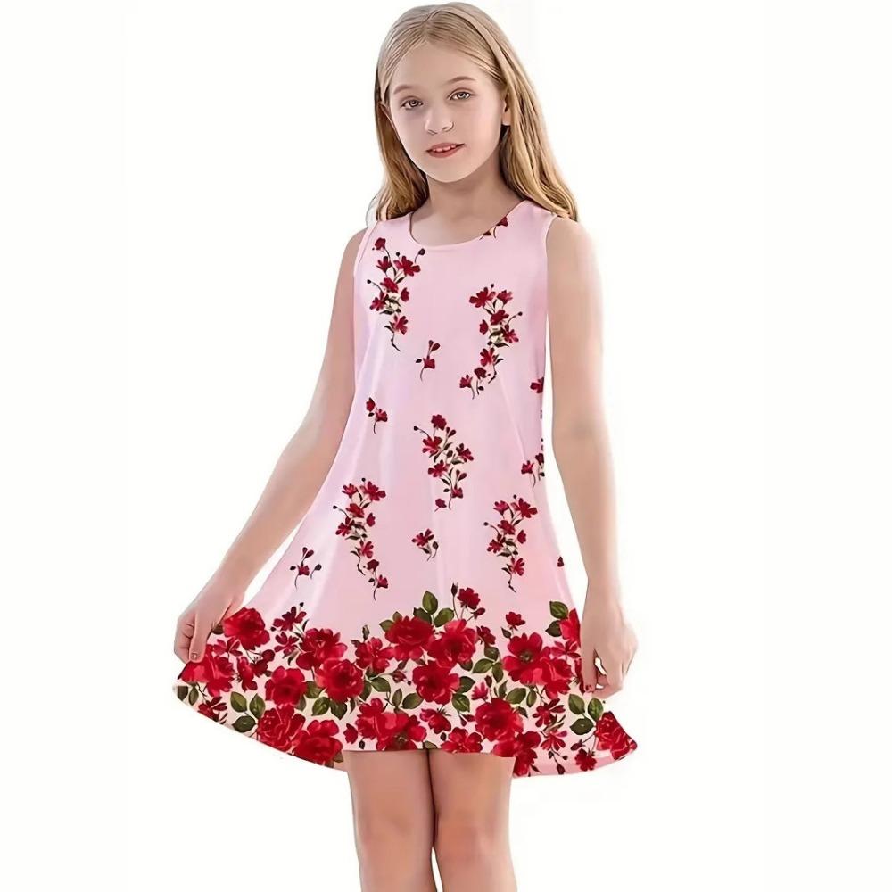 Frühling und Sommer neues ärmelloses Rundhals-Westenkleid für Mädchen, niedliches Prinzessinnenkleid, 3D-Digitaldruckmuster