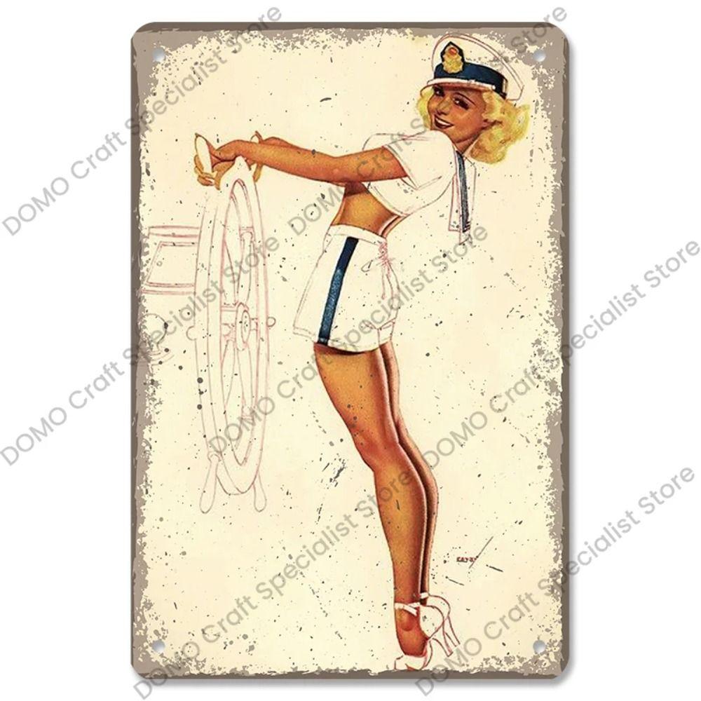 Metallplatta för flickor i interiör från Pinup-postern