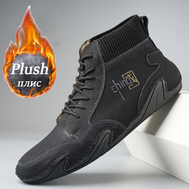 Mens Handmade Leather Casual Shoes Original Design Male Work Office Driving Sneakers Outdoor Waterproof High Top Luxury Footwear