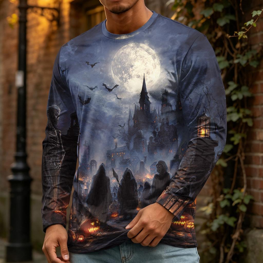 Men's Halloween Print Crewneck Long Sleeve T-Shirt for Casual Wear