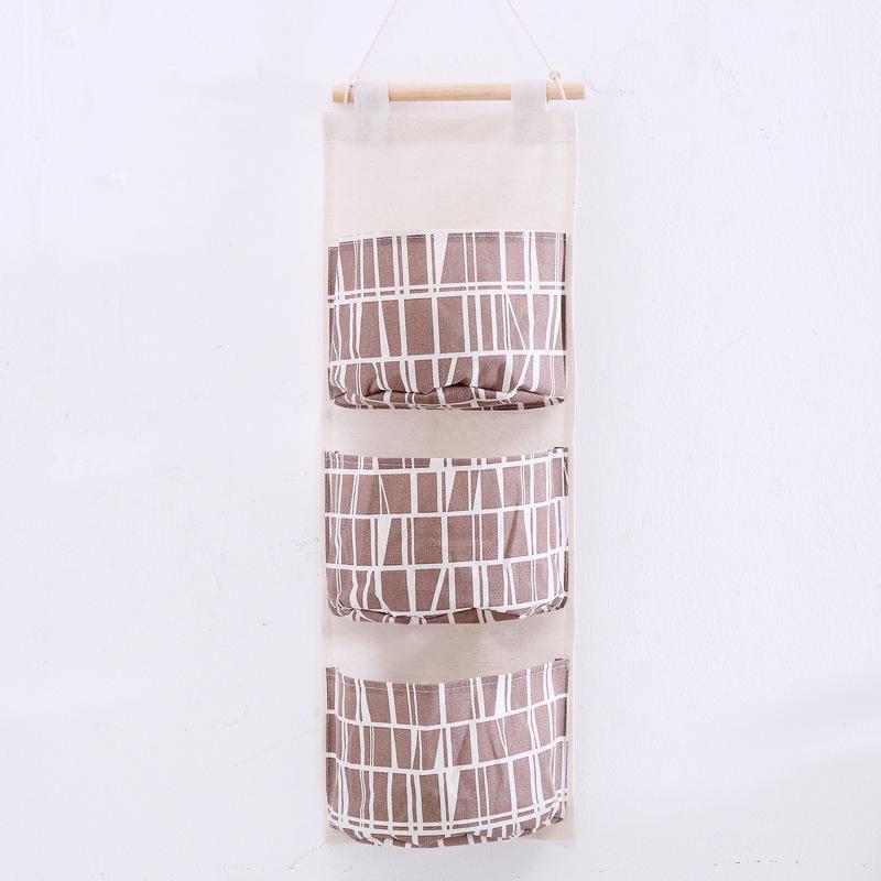 Grid Pattern Cotton Linen Three-Pocket Hanging Storage Bag