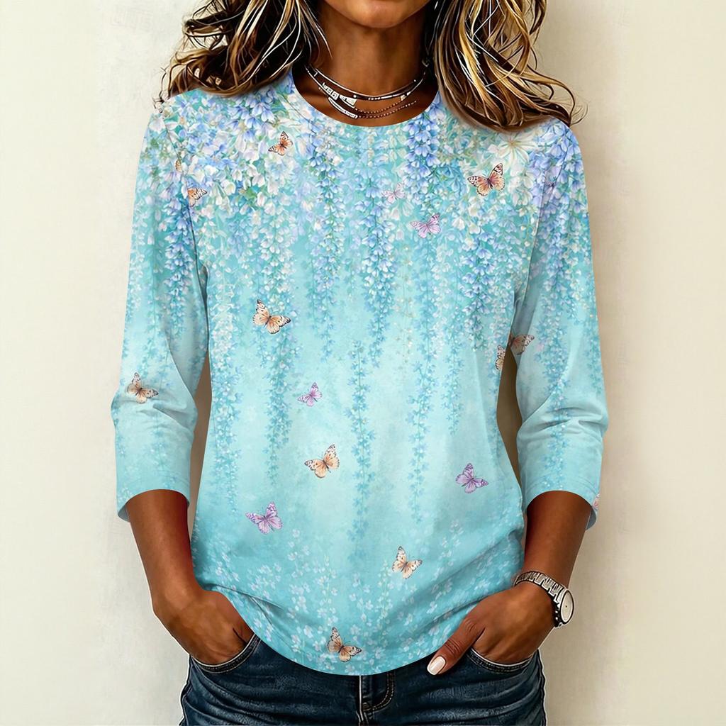 Camiseta Informal para Mujer con Cuello Redondo, Manga Tres Cuartos, Estampado Floral, para Uso Diario, Tejido Ligero y Suave, Diseño de Corte Holgado