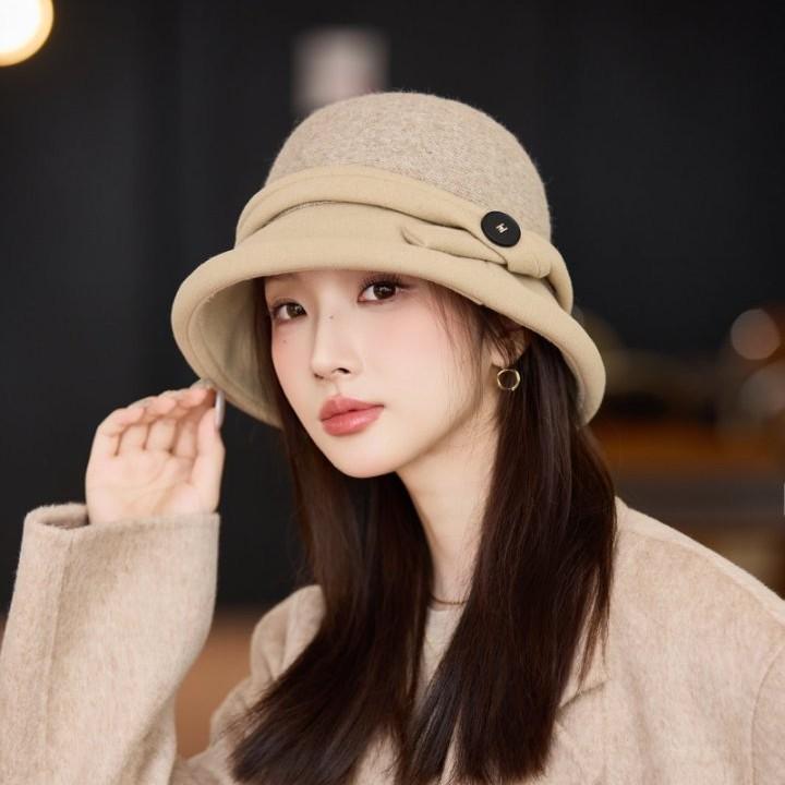 Woolen Bucket Hat Women's Autumn and Winter Fashion Warm Elegant British Retro Basin Hat Top Hat