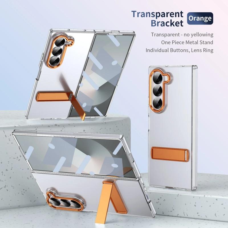 Luxury High Definition Transparent Phone Case for Samsung Galaxy Z Fold 7 6 5 4 Metal Holder Stand Screen Protector Shockproof Back Protect Cover