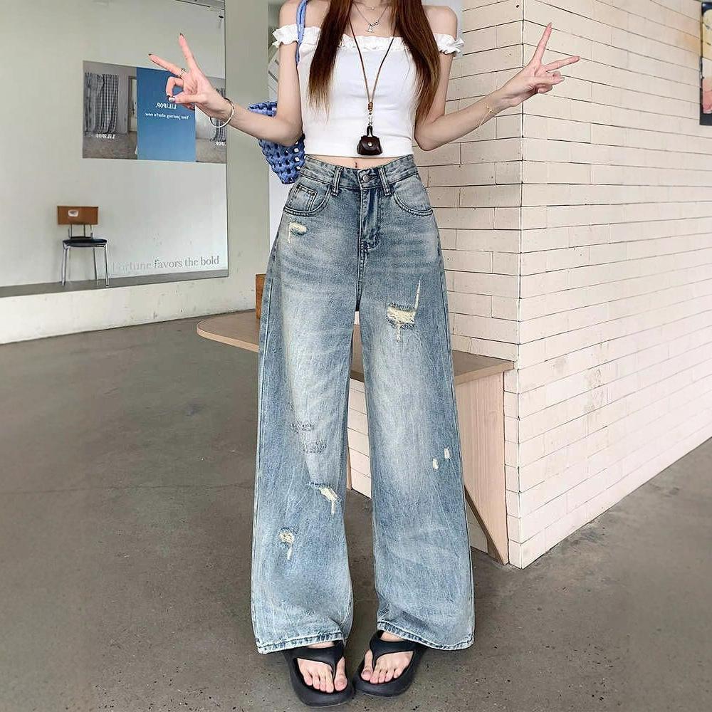 Designový smysl Roztrhané díry Velké velikosti Džíny Dámské Kalhoty se širokými nohavicemi Vysoký pas Volné Skinny Vlečné Rovné Kalhoty Džíny pro ženy Dlouhé Džínové Kalhoty