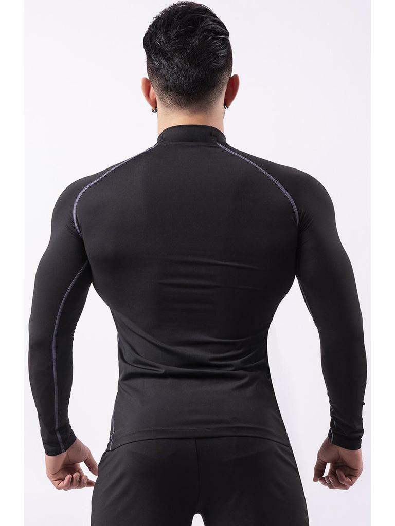 Men's Silk Grid High-Neck Performance T-Shirt - Elastic, Quick-Dry, Long-Sleeve for Autumn/Winter Running.