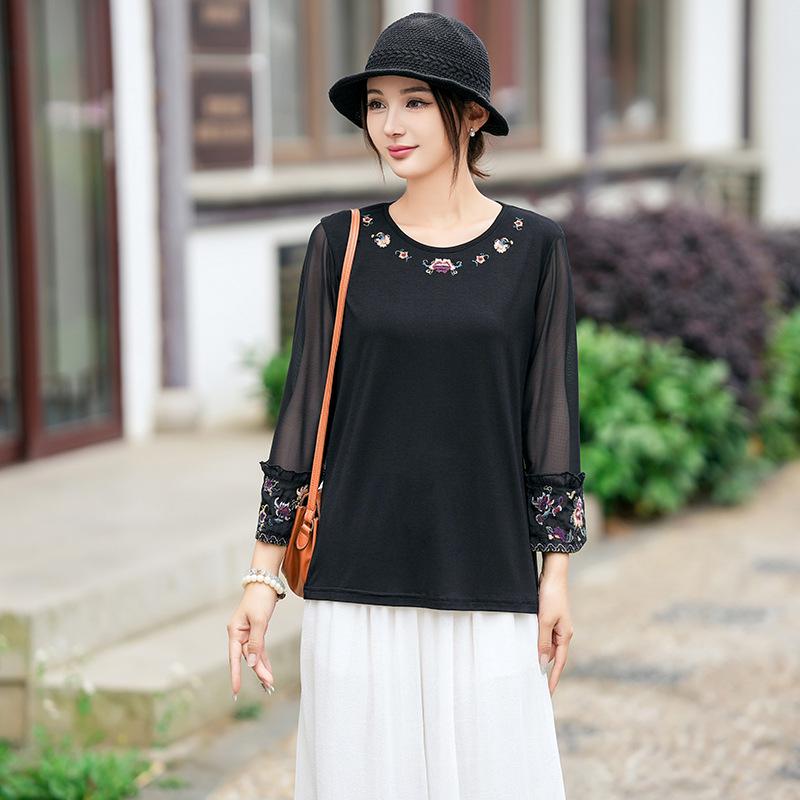 2025 Crew Neck Embroidery T-Shirt: Versatile Spring/Autumn Solid Color Top