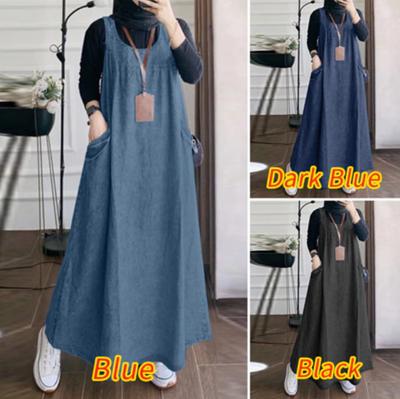 Fashion Women Sleeveless Casual Loose Sundress Sarafans Abaya Vestido Denim Blue Muslim Overalls Dress