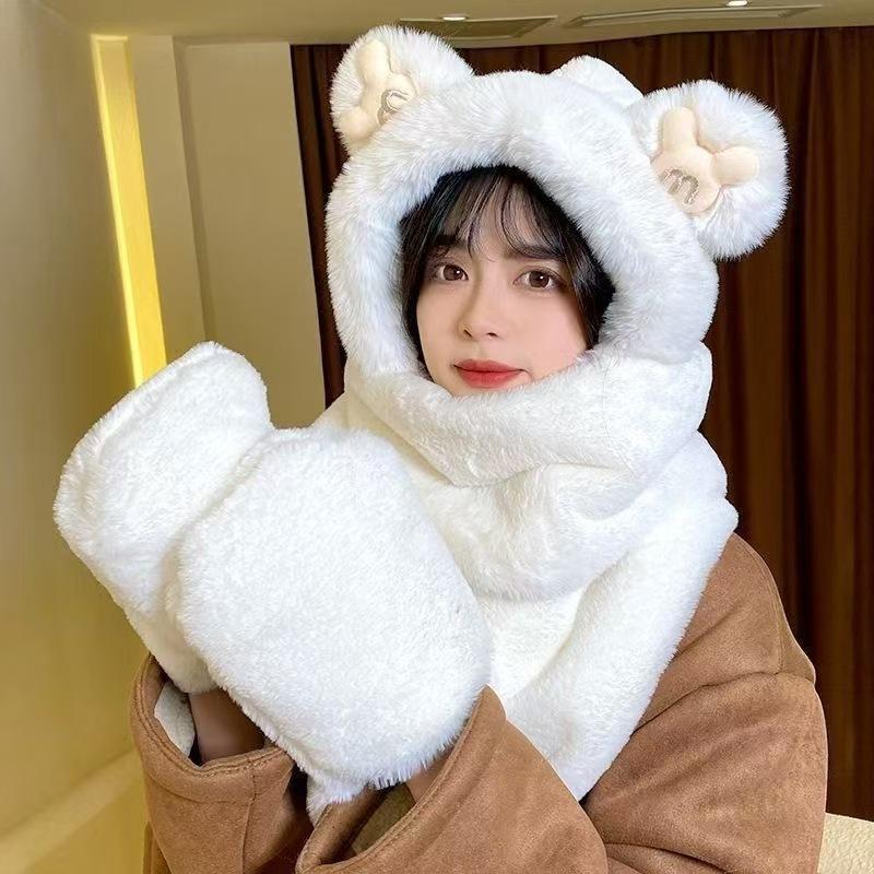 Bear girl winter plush hat scarf integrated thickened cute warm plush ear protectors hooded gloves three-piece set