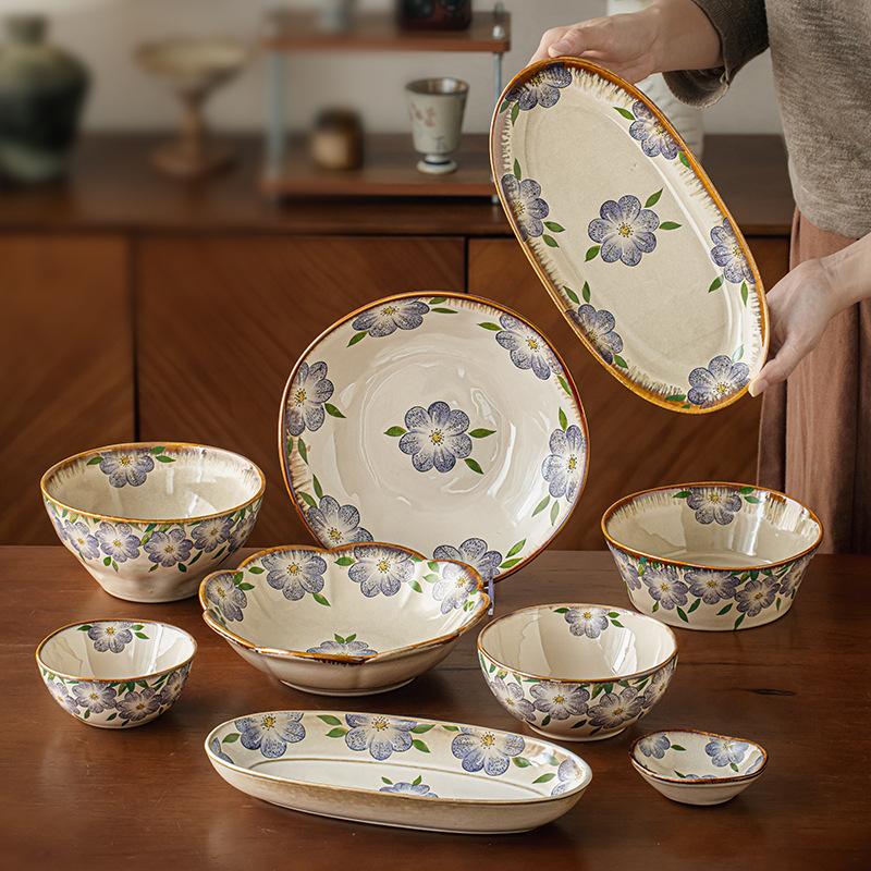 Clematis Series Medieval Special-Shaped Tableware Household Rice Bowl Ceramic Noodle Soup Bowl Dish Export