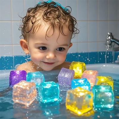 12PCS Kids Bath Toy Simulation Ice Cube Liquid Water Sensor Reusable Glowing Flashing Ice Cube for Bathtub, Swimming Pool