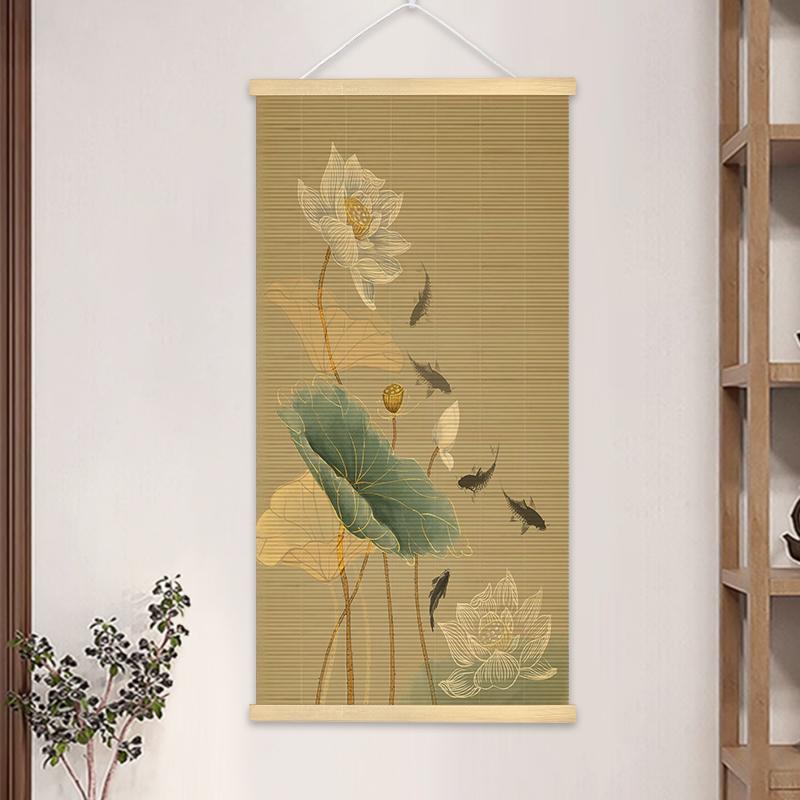 Chinese Style Bamboo Hanging Painting Curtain Roller Lotus Flower Study Zen Tea Background Room Decor 40x80cm/40x100cm