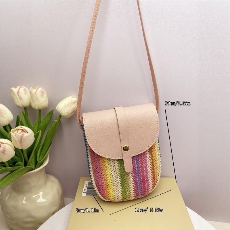 Straw Mobile Phone Bag Women's New Trendy Niche Design Woven Rainbow Strip Versatile Shoulder Bag Crossbody Women's Bag