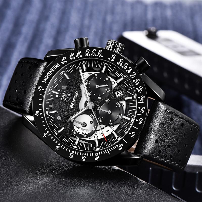 BENYAR Top Brand Luxury Watch Men Sport Quartz Male Chronograph Date Clock Military Army Black Genuine Leather Wristwatch 5120