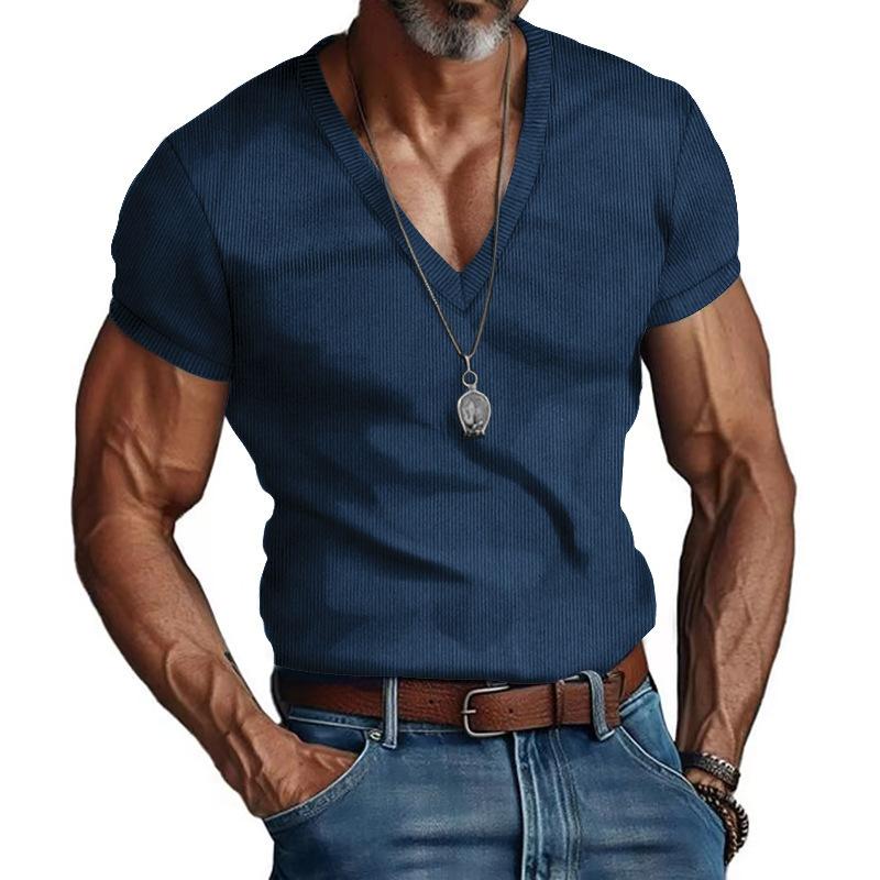 Men Ribbed Knit V Neck Short Sleeve Slim Fit Casual Solid T Shirt S