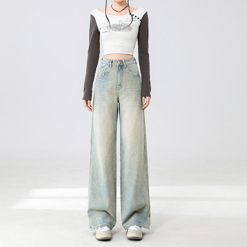 

Women s Retro Blue High-Waisted Wide-Leg Jeans, Spring 2026 Edition – Petite Fit, Slimming, Loose Straight-Leg Style M синий