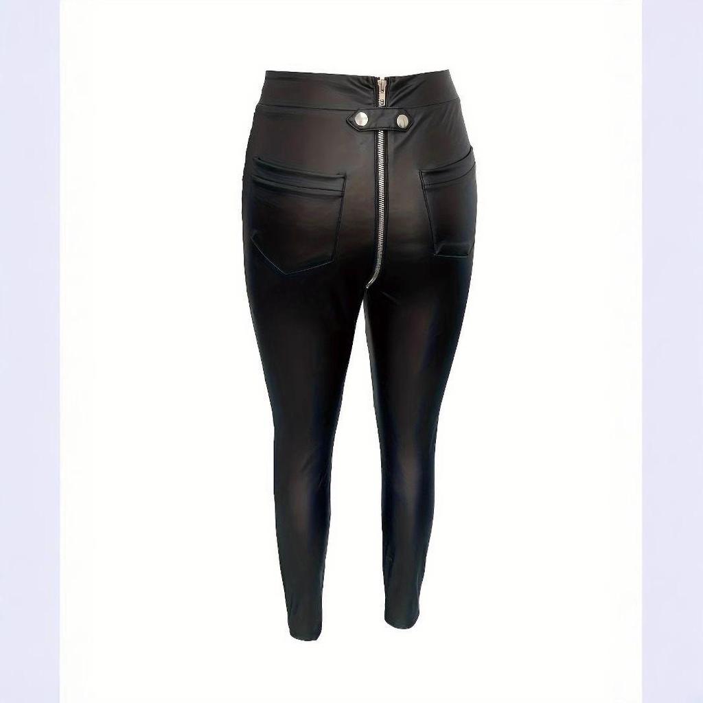 Damebukser Trange PU-bukser Glidelås Slim PU svarte bukser med små føtter