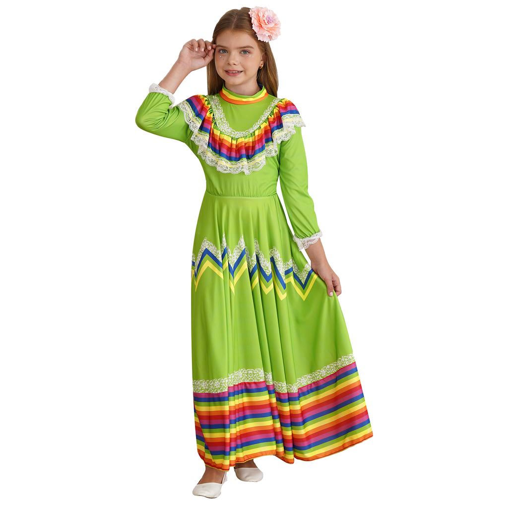 Kids Girls Mexican Traditional Jalisco Folk Dance Dress Halloween Costume with Flower Hair Clip