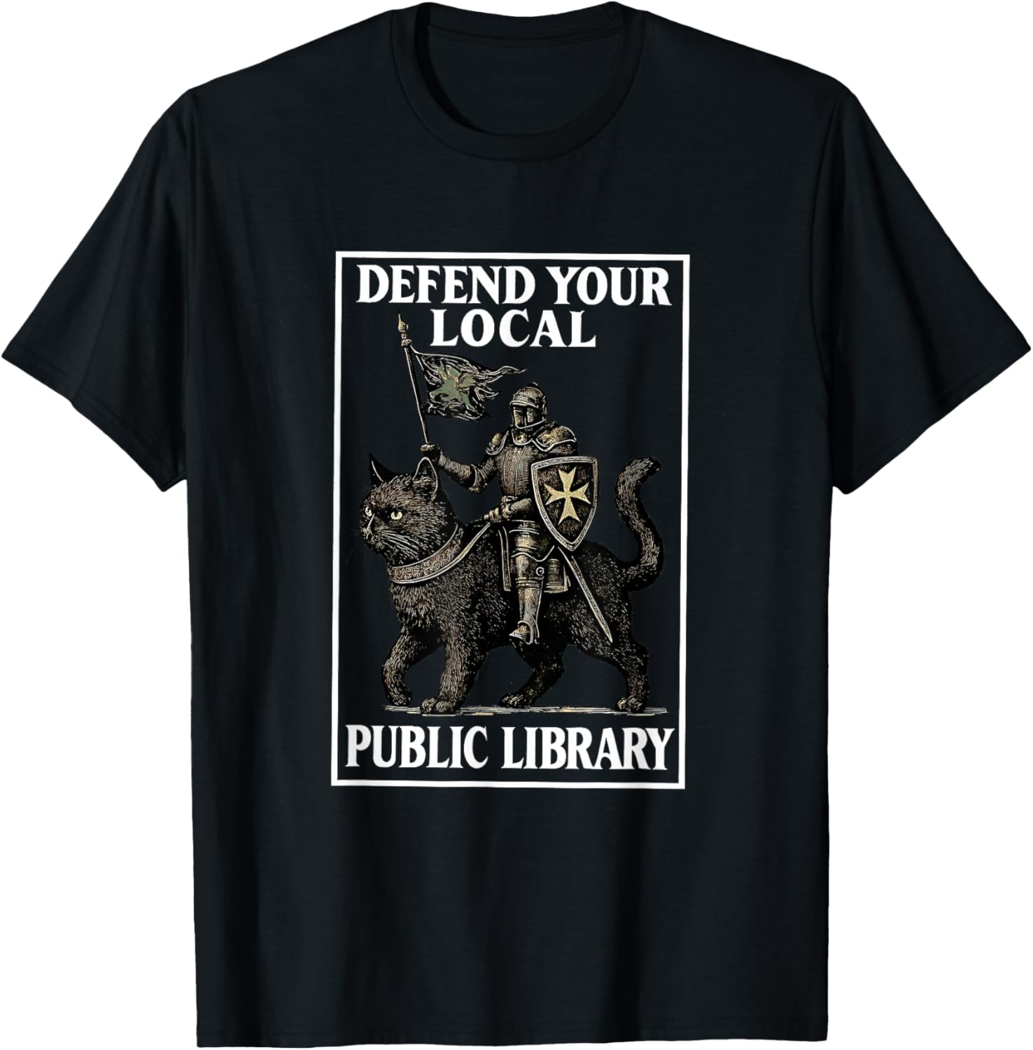 Defend Your Local Public Library Funny Knight Cat T-Shirt S разноцветный