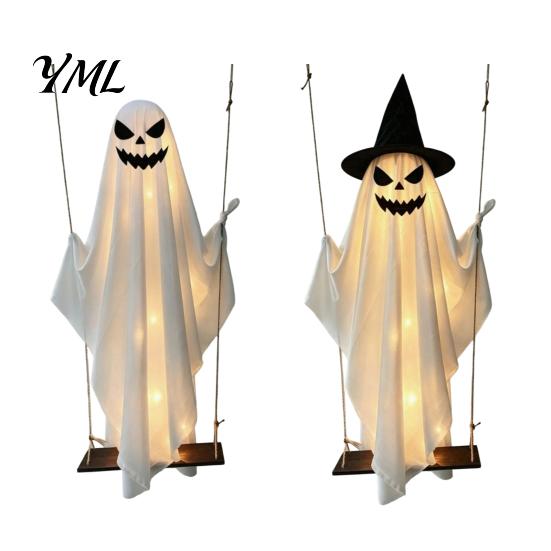 Reusable Fabric Ghost for Trees Halloween Light Up Hanging Decoration, Spooky Large on A Illuminated Decor Store Windows Swing with Witch Hat