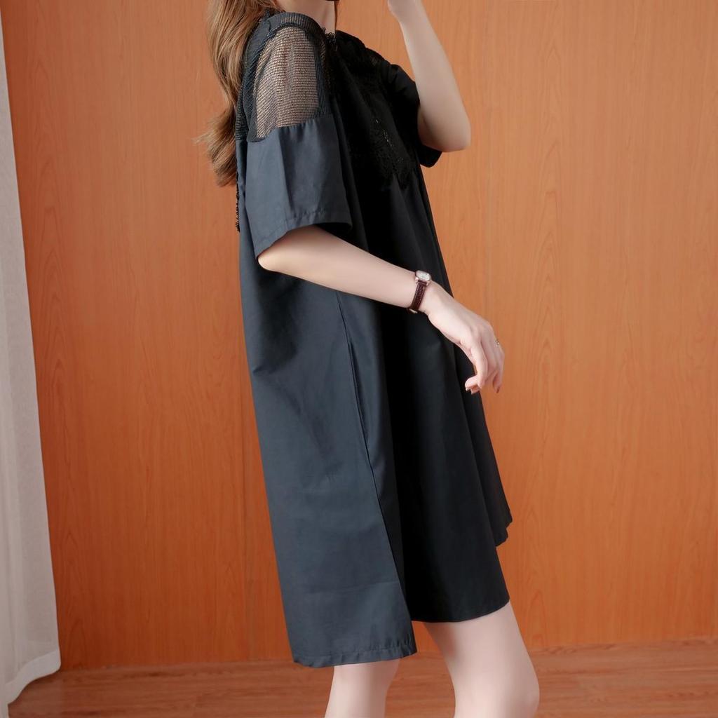 Plus Size Women's Summer Lace Dress Short Sleeve Mesh Patchwork Loose Dresses