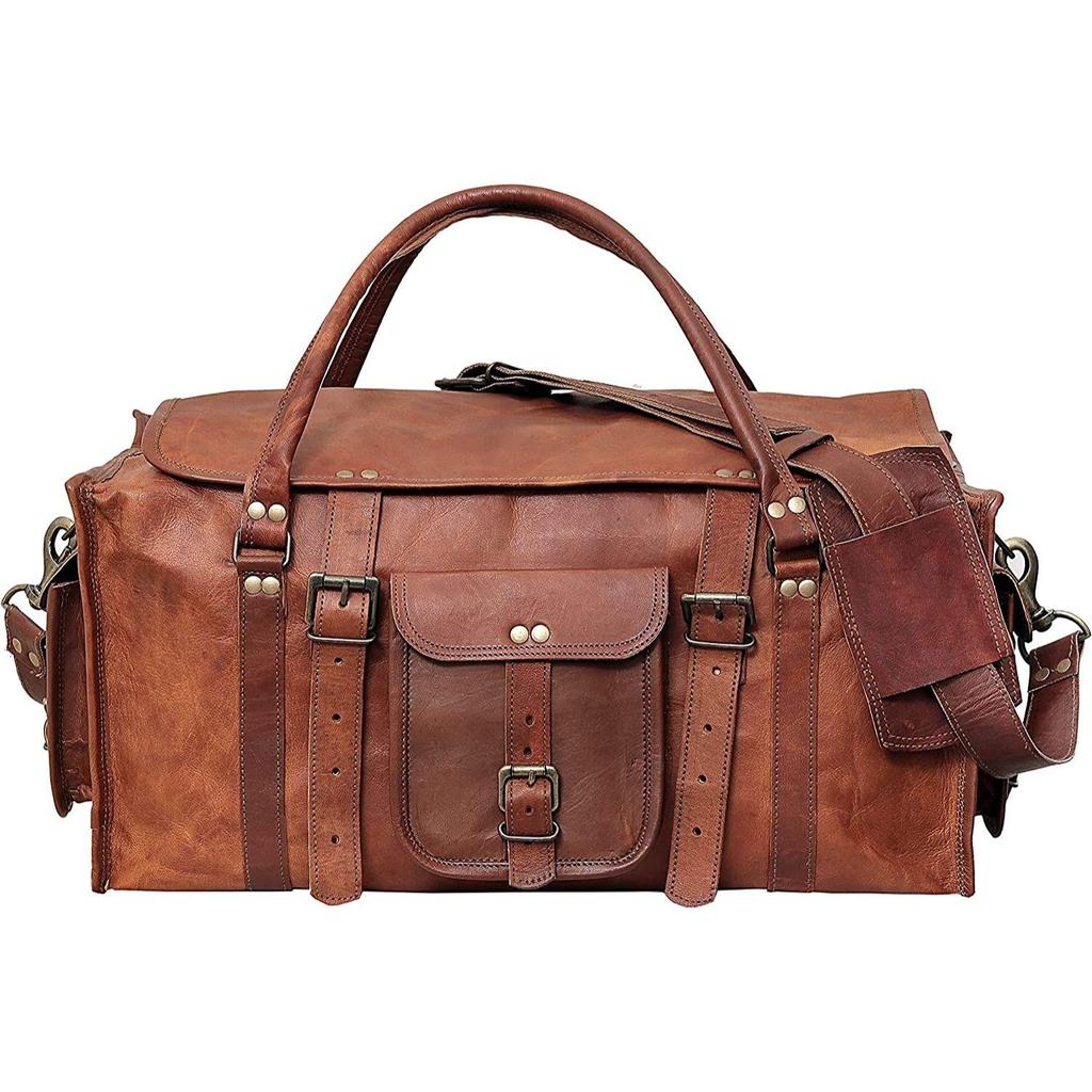 Mens Retro Style Carry On Luggage Flap Duffel Leather Duffel Bag