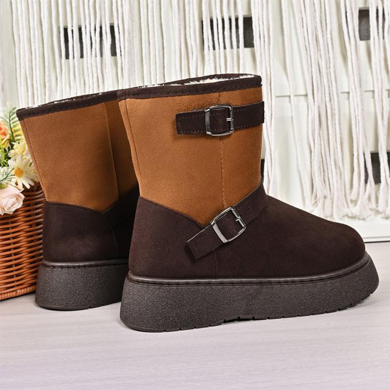 Fashion Vintage Buckle Detor Snow Boots Women Winter Mix Color Faux Suede Snow Boots Woman Short Plush Platform Warm Booties Female