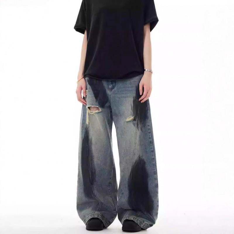 Mens Relaxed Wide Leg Denim Pants With Fringe Patchwork Design Vintage Streetwear Style
