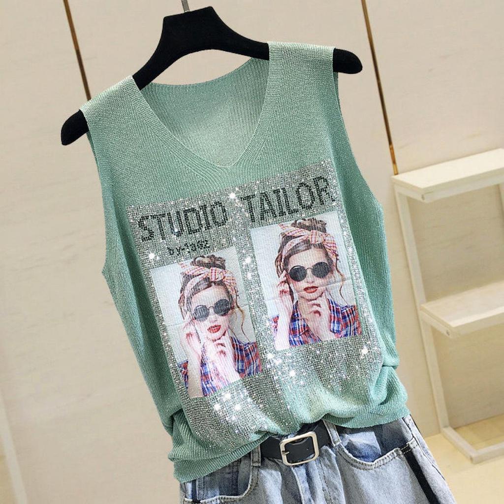 2023 Shiny Silk Sleeveless V-Neck Women's Vest - Spring/Summer New Style, Loose Fit with Hot Diamond Sling Knitted Design