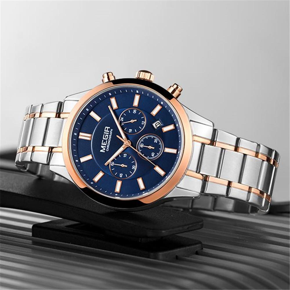 MEGIR Luxury Business Quartz Watch for Men Stainless Steel Strap Luminous Date Waterproof Male Casual Wristwatch Chronograph Clock 2150