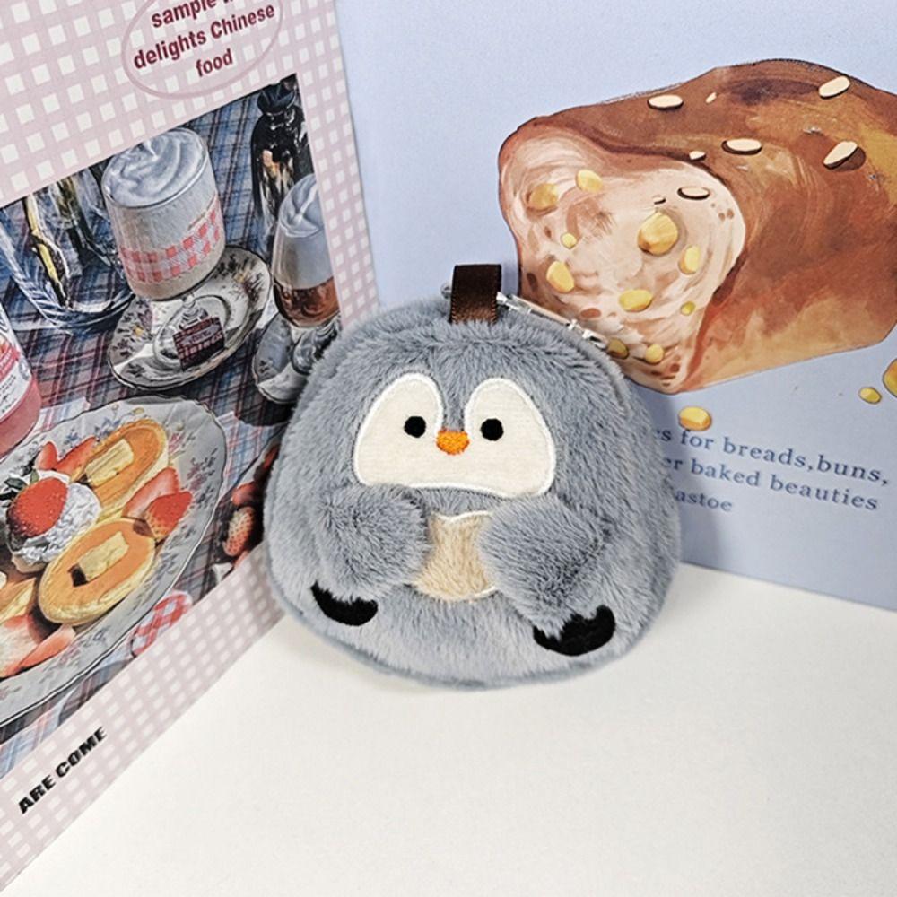 

Cartoon Penguin Coin Purse Zipper Small Item Storage Bag Mini Plush Wallet with Lanyard Girls сірий