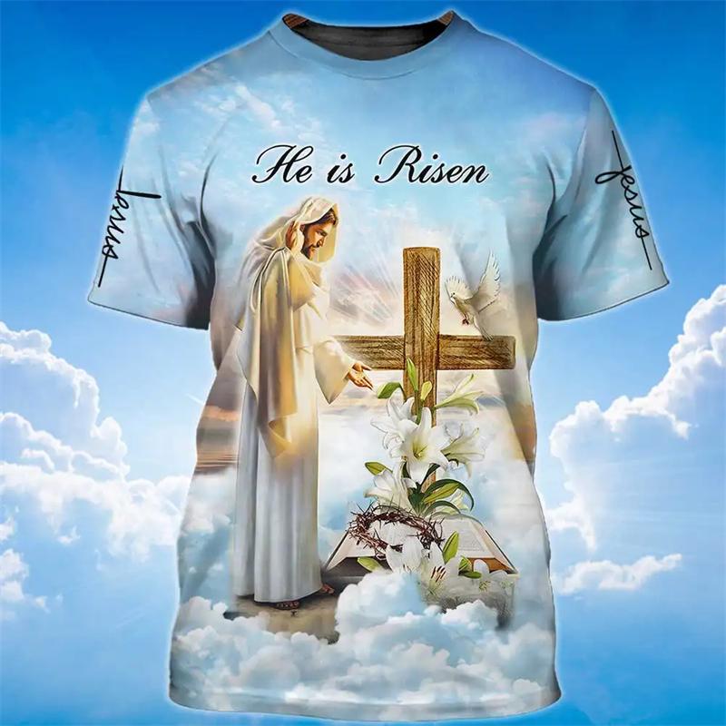Fashion 3D Jesus Cross Print T Shirt For Men Christianity God Graphic Oversized T-shirts Daily Casual O-neck Short-sleeved Tops