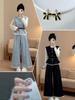 Plus Size Women's Autumn Outfit: Layered Vest, Wide-Leg Jeans, Fashionable Age-Reducing 3-Piece Set