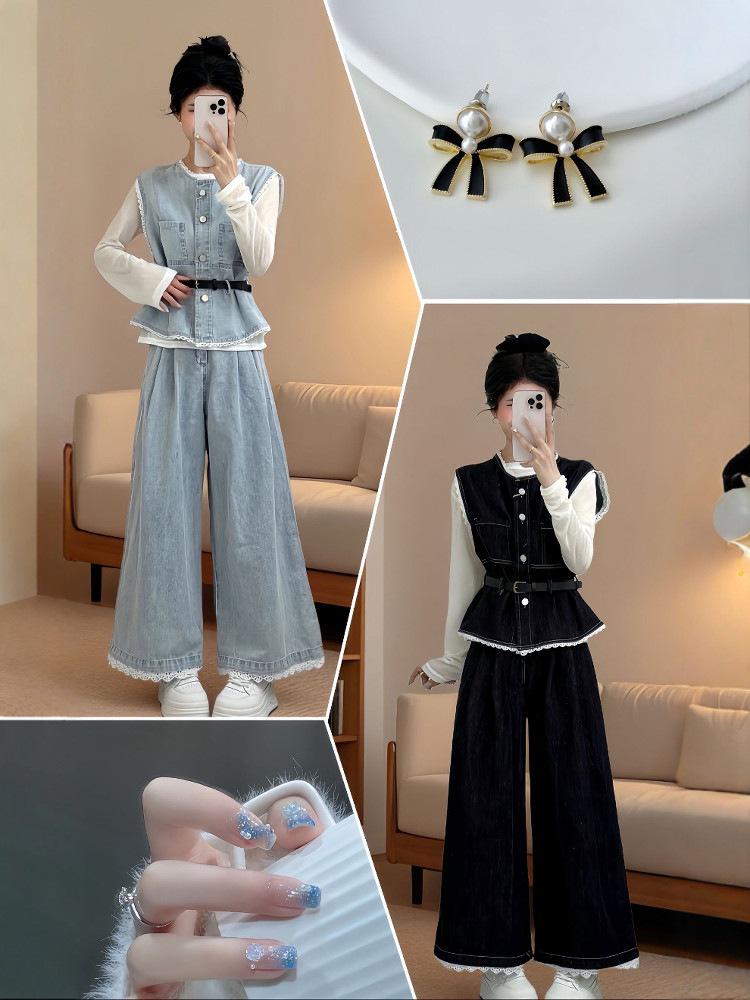 Plus Size Women's Autumn Outfit: Layered Vest, Wide-Leg Jeans, Fashionable Age-Reducing 3-Piece Set