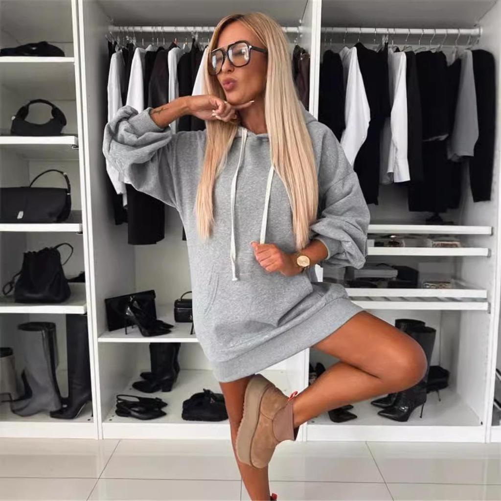 2024 Autumn/Winter Women's Long Sleeve Solid Color Hooded Loose Sweatshirt