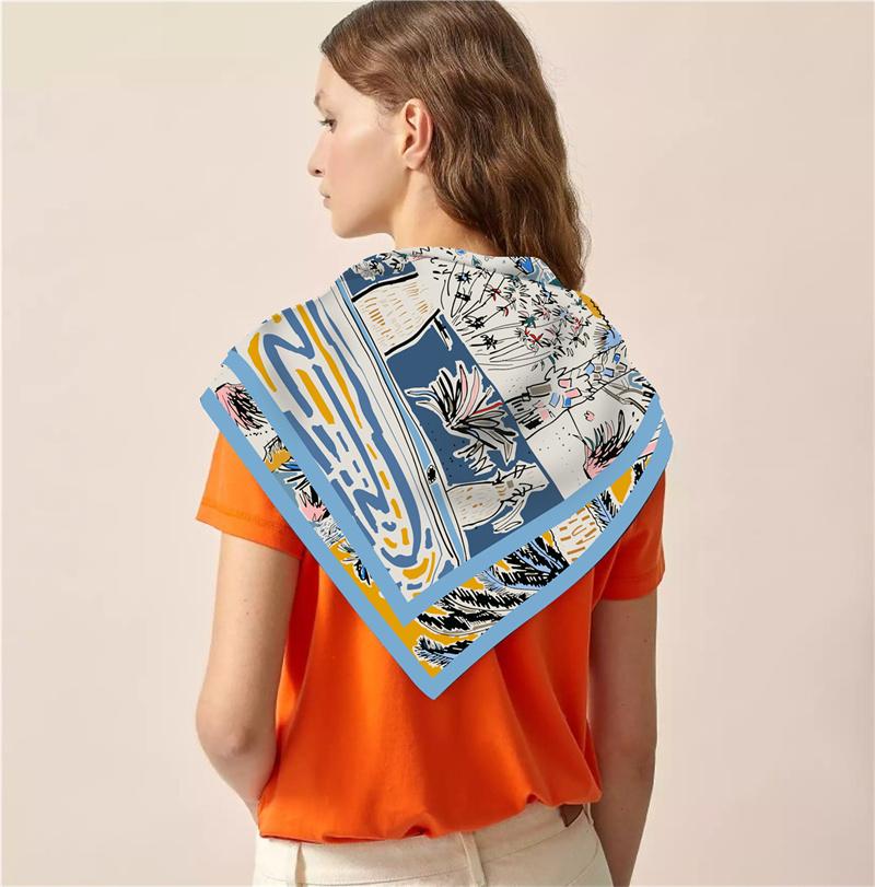 Silk Scarf Women Beach View Square Scarves Head Echarpes Silk Foulards Femme Wraps Beach Shawls Bandana Lady Hijabs 90CM