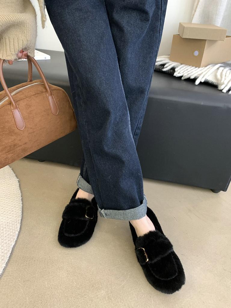 Internet Celebrities Pedal Fluffy Shoes Piled Warm Mink Wool Cotton Shoes Doudou Single Shoes