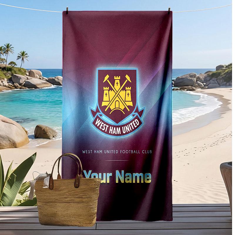 ווסטהאם יונייטד FC מגבת חוף מודפסת אישית לוגו כדורגל תמיכה שם מותאם אישית טקסט מגבת סופגת לספורט נסיעות מתנה מיוחדת