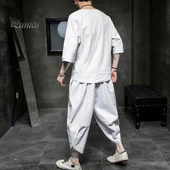 2ks/sada Oblečení v čínském stylu O-neck Disc přezka Poloviční léga Topy s 3/4 rukávy Dlouhé Bloomers Set Jednobarevné Pánské oblečení
