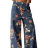 Herbst und Winter Damen lockere Jeans Blumenmuster Denim Neun-Punkt-Hose Weiter Bein Mittlere Taille Jeans