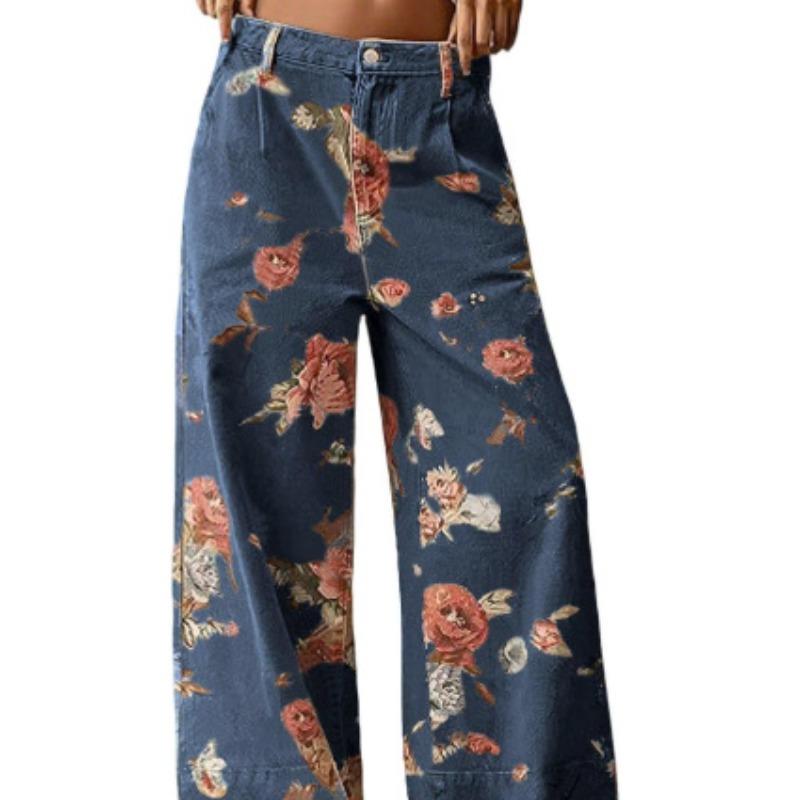Herbst und Winter Damen lockere Jeans Blumenmuster Denim Neun-Punkt-Hose Weiter Bein Mittlere Taille Jeans