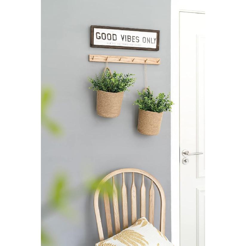 Dahey 2 Pack Wall Hanging Rope Basket with Artificial Eucalyptus Farmhouse Decor, Jute Woven Storage Organizer Flower Plants Basket Set Rustic Wall