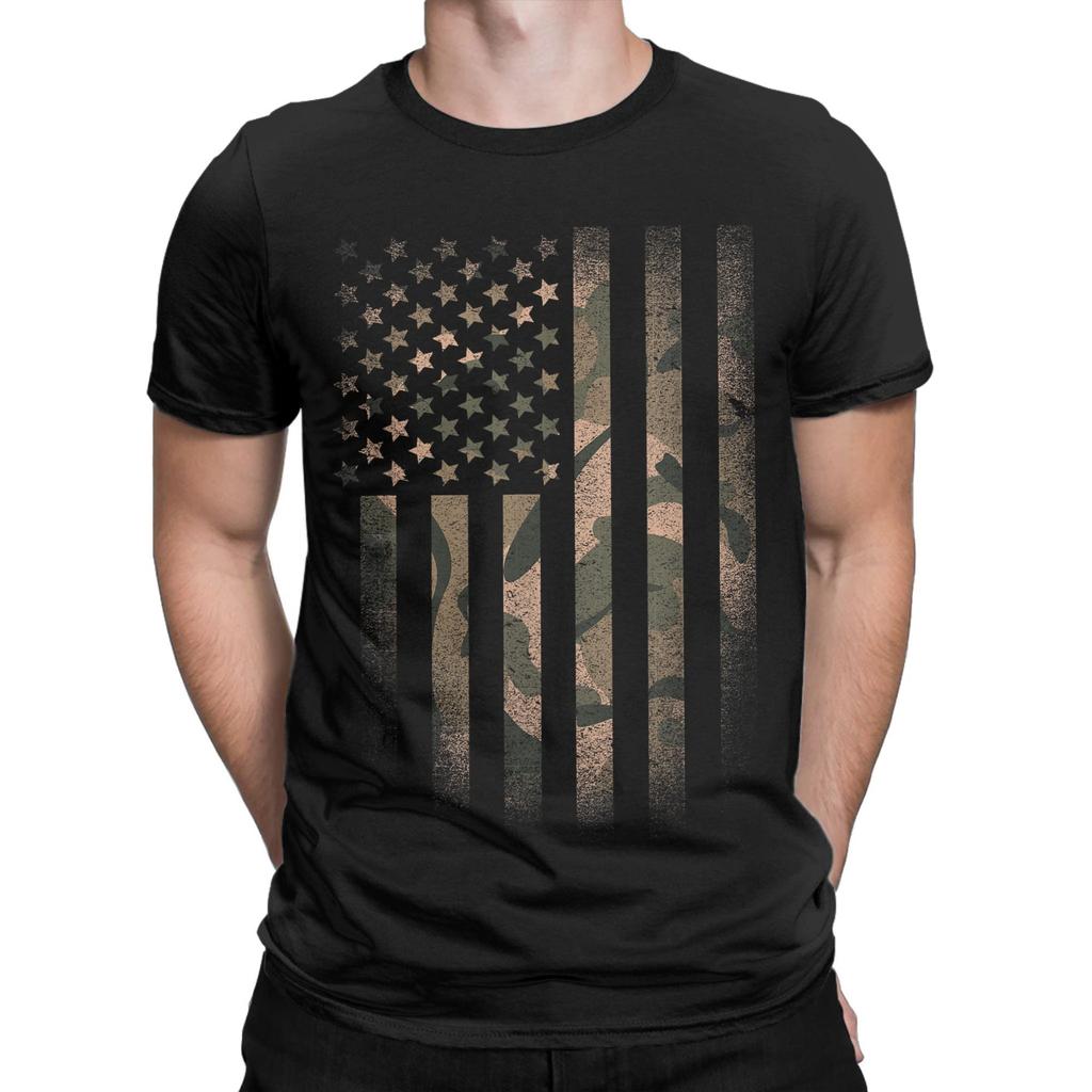 Novidade Camuflagem Bandeira Americana EUA Militar Táticas Camuflagem Deserto Camisetas para Homens Gola Redonda Manga Curta Camiseta Roupas