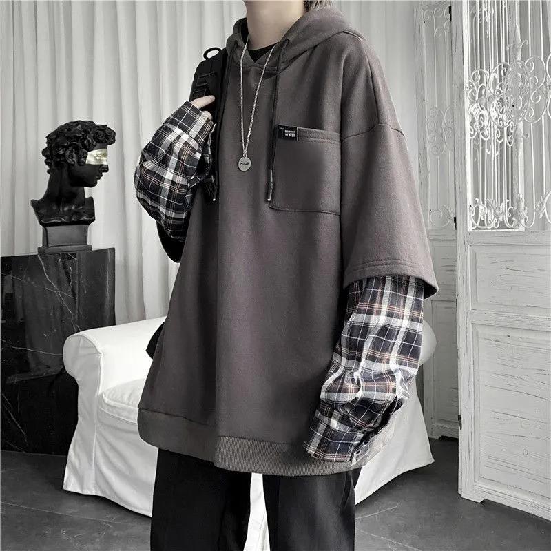 

Spring Summer Men s Clothing Fake Two Hoodies Patchwork Plaid Hooded Oversized Tops Clothes for Women s Harajuku Casual Sweatshirt XS сірий