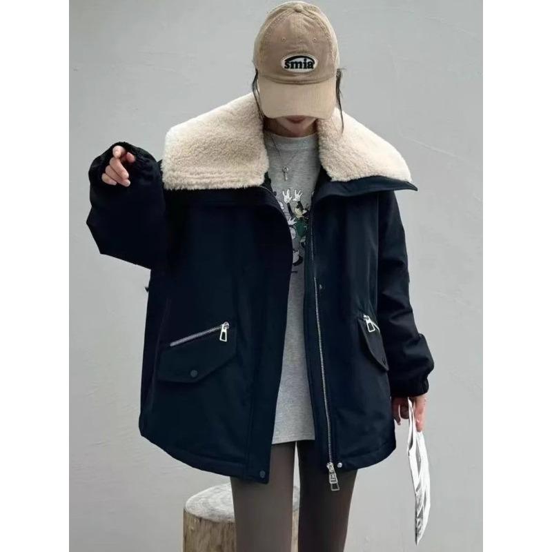 

Женское пуховое пальто средней длины с воротником из овечьей шерсти, темно-синее, новая утолщенная рабочая куртка XL