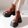 Johnature Vintage Thick Sole Sandals Boots Women Peep Toe Genuine Leather Comfort Heightening Platform Shoes