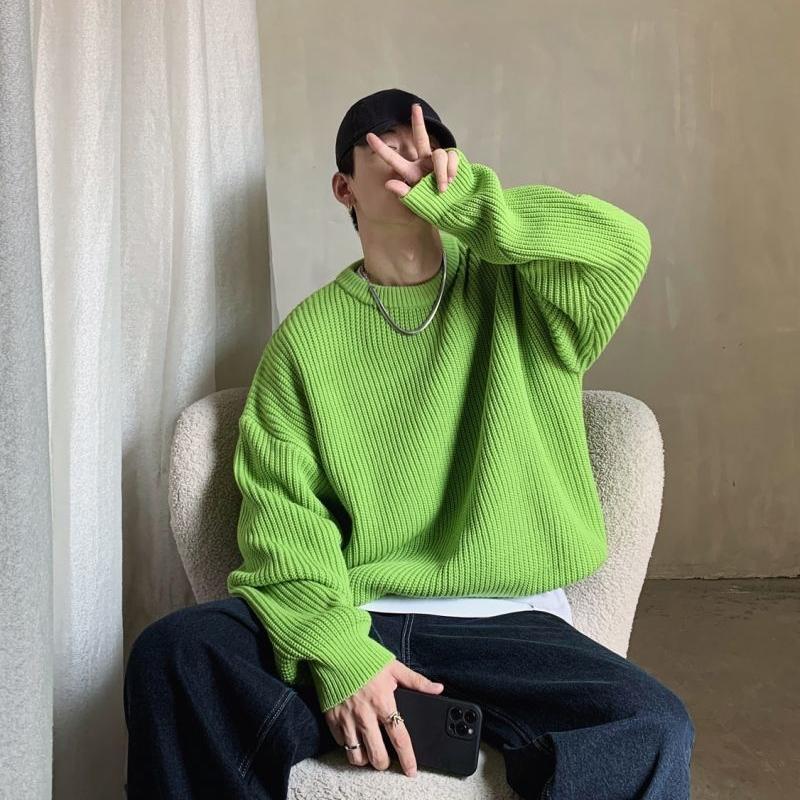 

Men s Autumn Winter O Neck Sweaters Vintage Harajuku Oversized Tops Fashion Solid Pullover Sweater Streetwear XXL світло-зелений колір