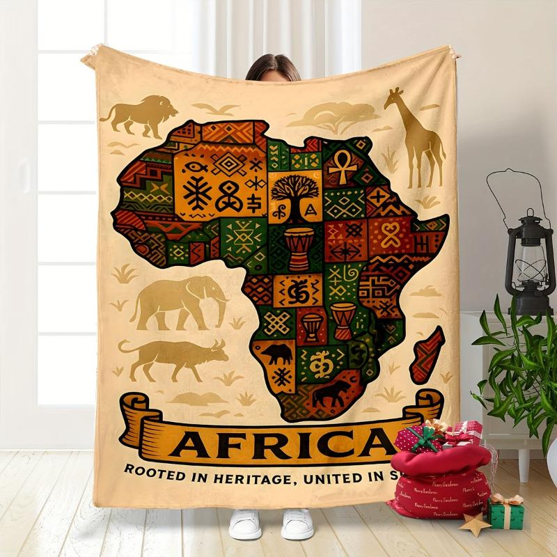 Africa Map Ethnic Totem Animal Illustration Throw Blanket,Soft Couch,Reading Nook Layer,Birthday Retro Cultural Daily Keepsake
