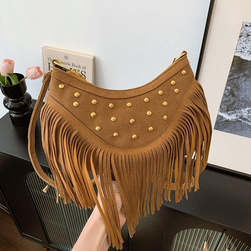 Maillard Brown Fringed Bag Autumn New Bohemian Retro Versatile Messenger Bag